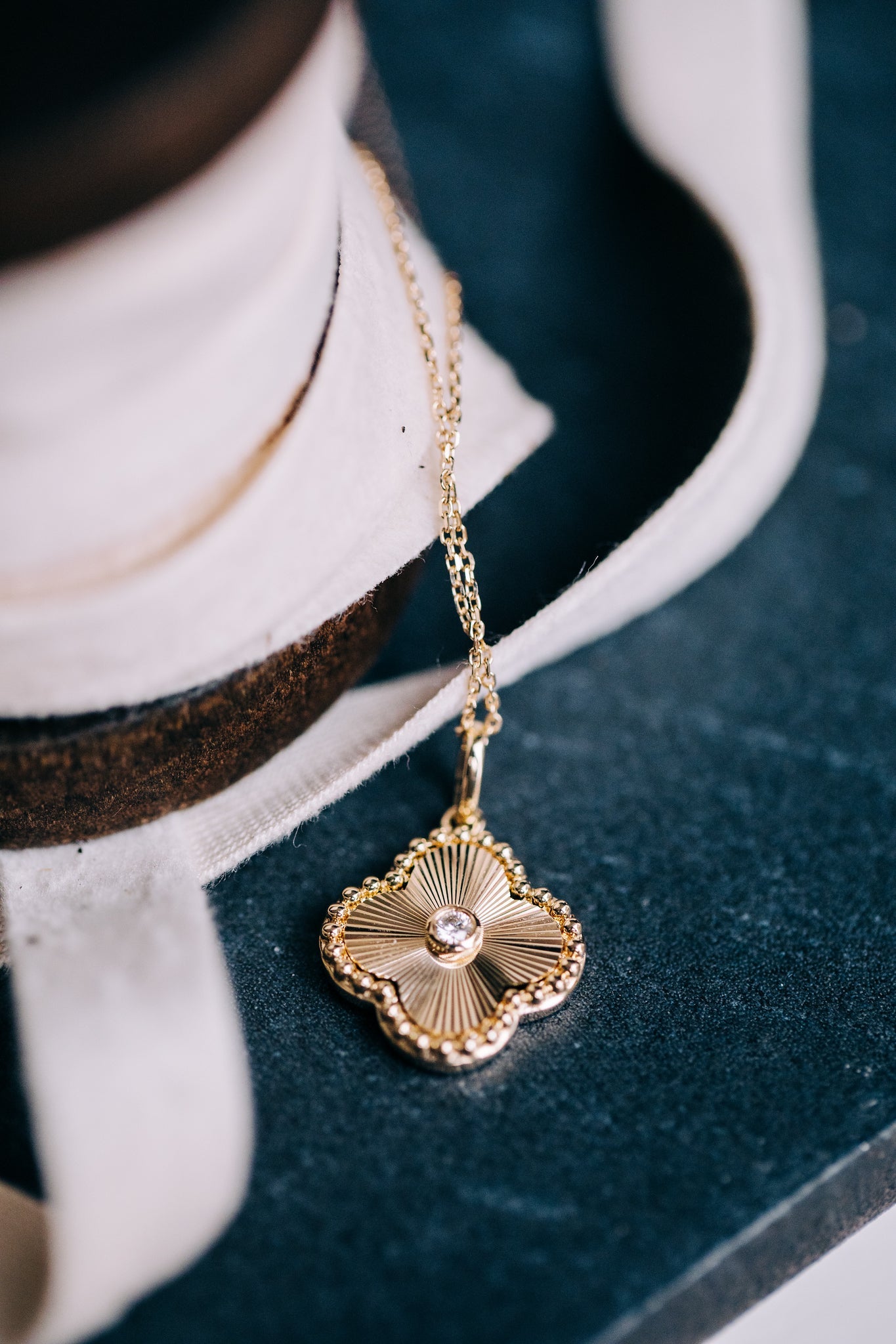 Fluted Gold Clover Pendant with Diamonds - Oz's Jewelers by The Hickory Jewelry Company